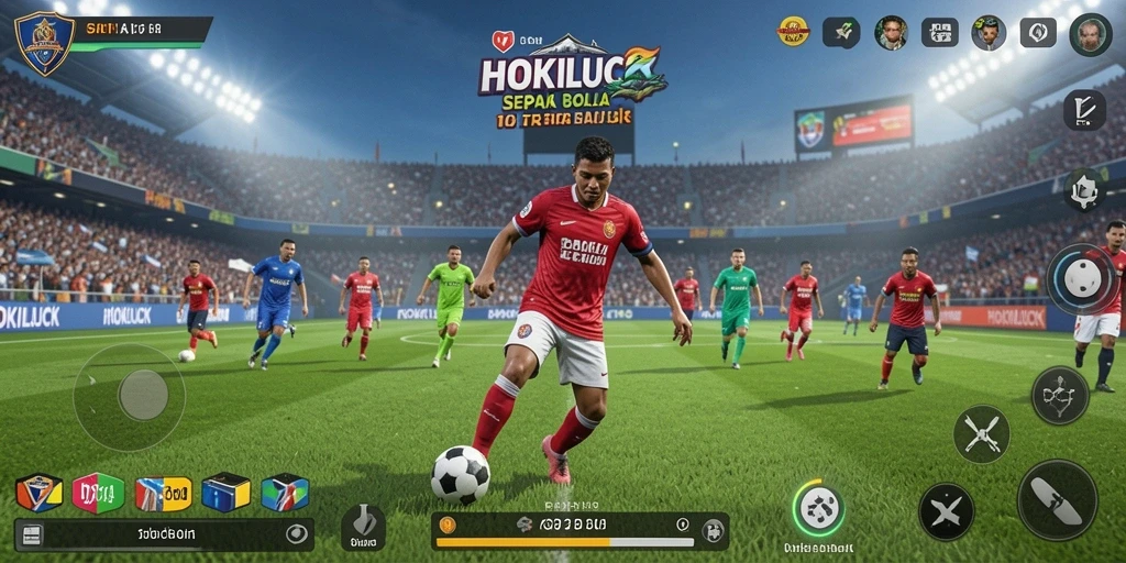 Tampilan gameplay seru HOKILUCK dengan aksi sepak bola mendebarkan.
