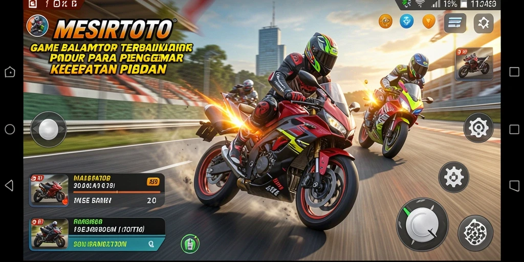 Screenshot gameplay MESIRTOTO menampilkan balapan motor yang mendebarkan.