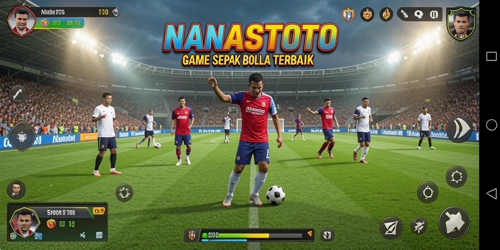 Tampilan gameplay seru di NANASTOTO dengan aksi sepak bola mendebarkan.